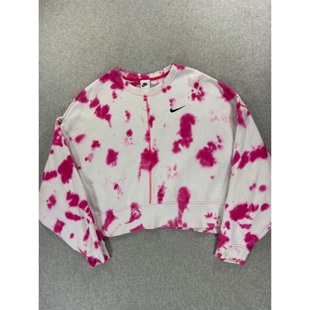Nike Tie Dye Cotton Blend Cropped Crew Sweatshirt (Women's Medium) Pink
